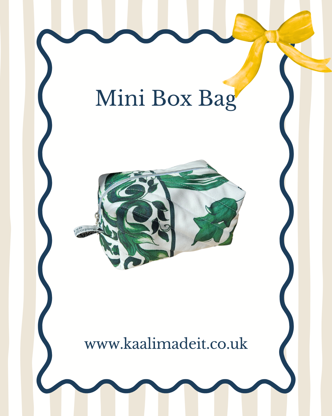 A mini box bag with a green and white floral pattern, shown inside a decorative white card with a wavy blue border, a yellow bow, and the text 'Mini Box Bag' and 'www.kaalimadeit.