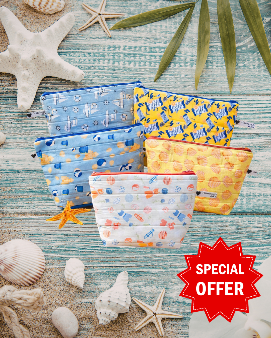 quilted make up bags on a beachy background, special offer 