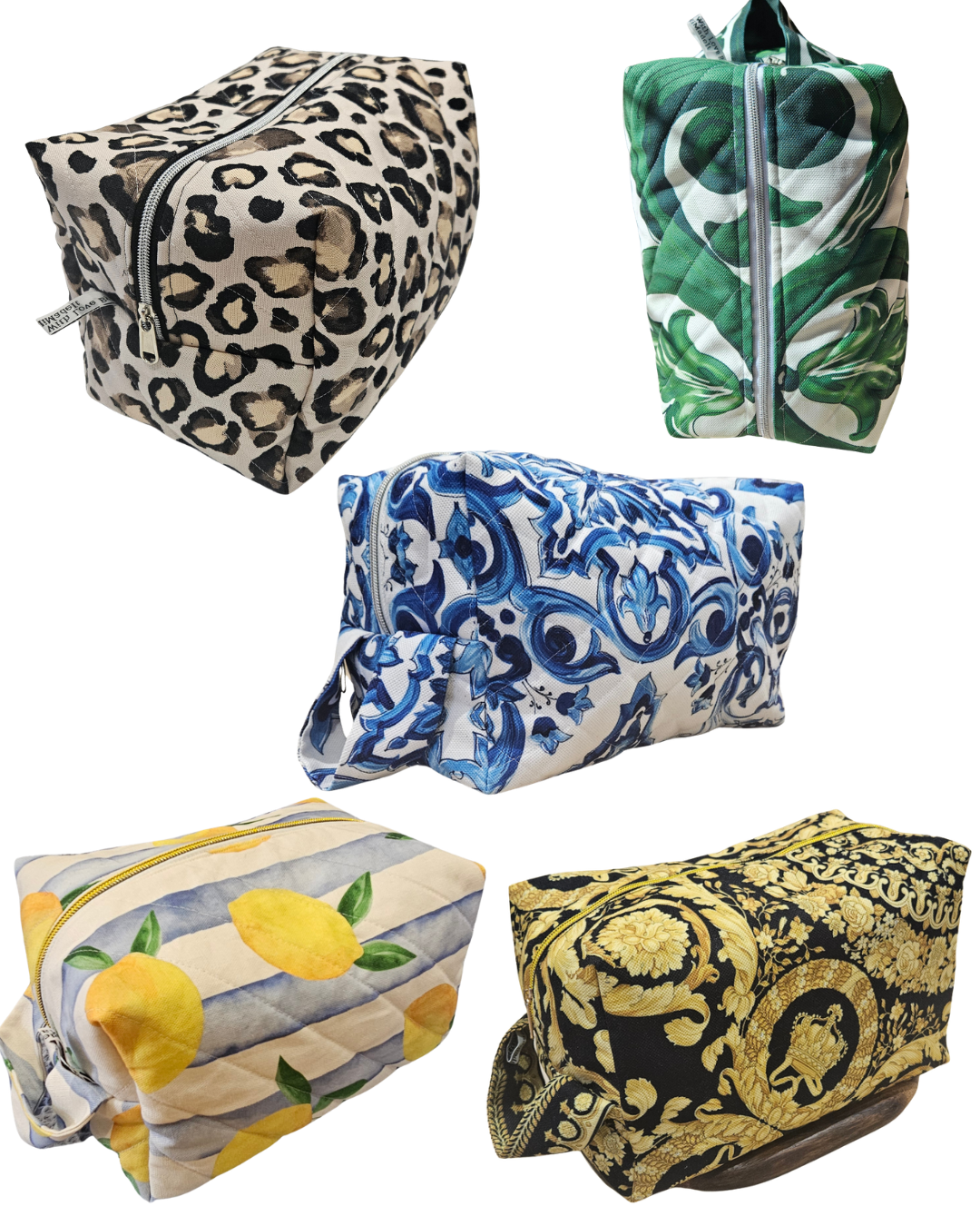 hair tools travel bags in various prints lemon, blue tile print, baroque print, handmade and quilted perfect for gifting