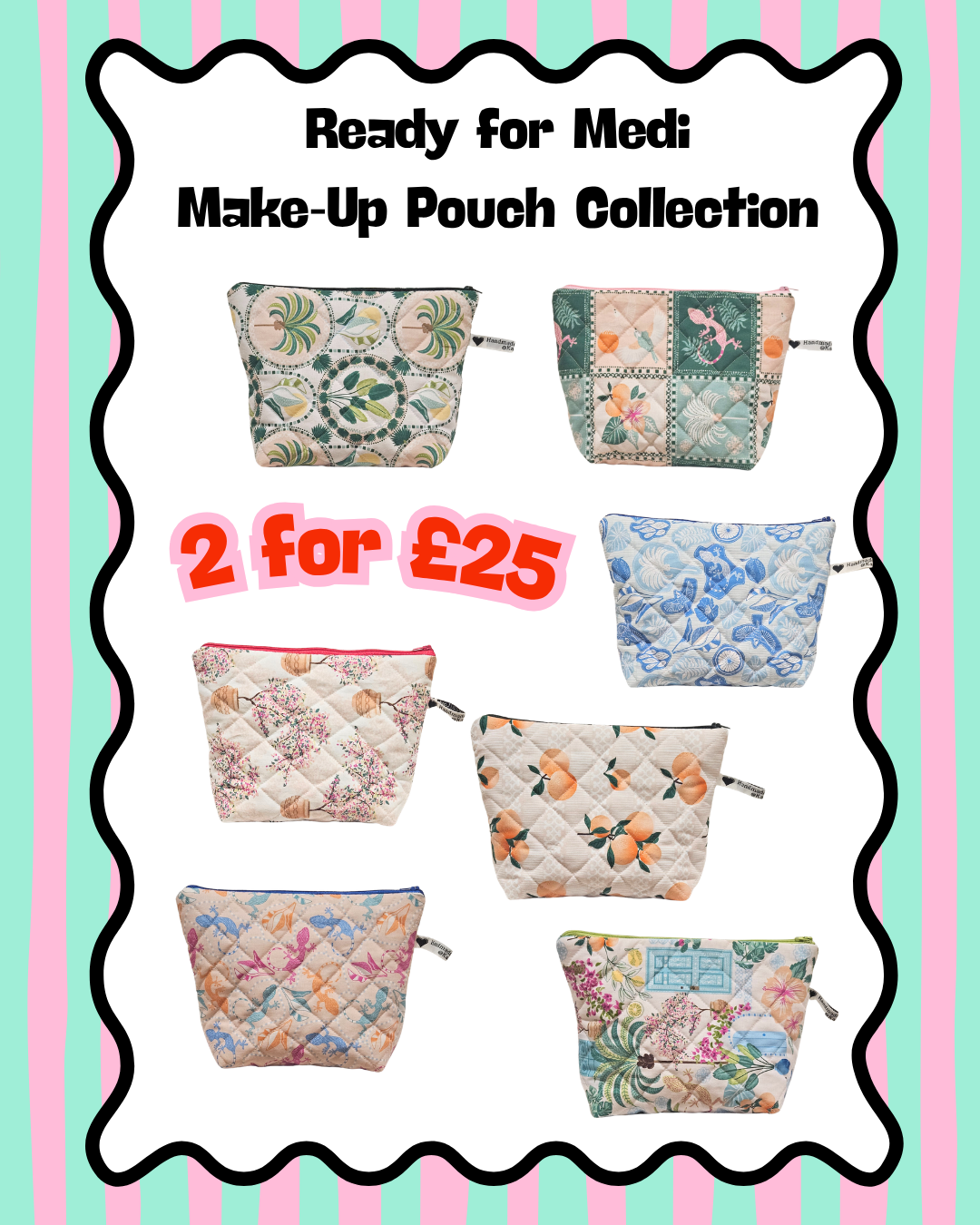 selection of quilted make up bags in summer print lemon orange 