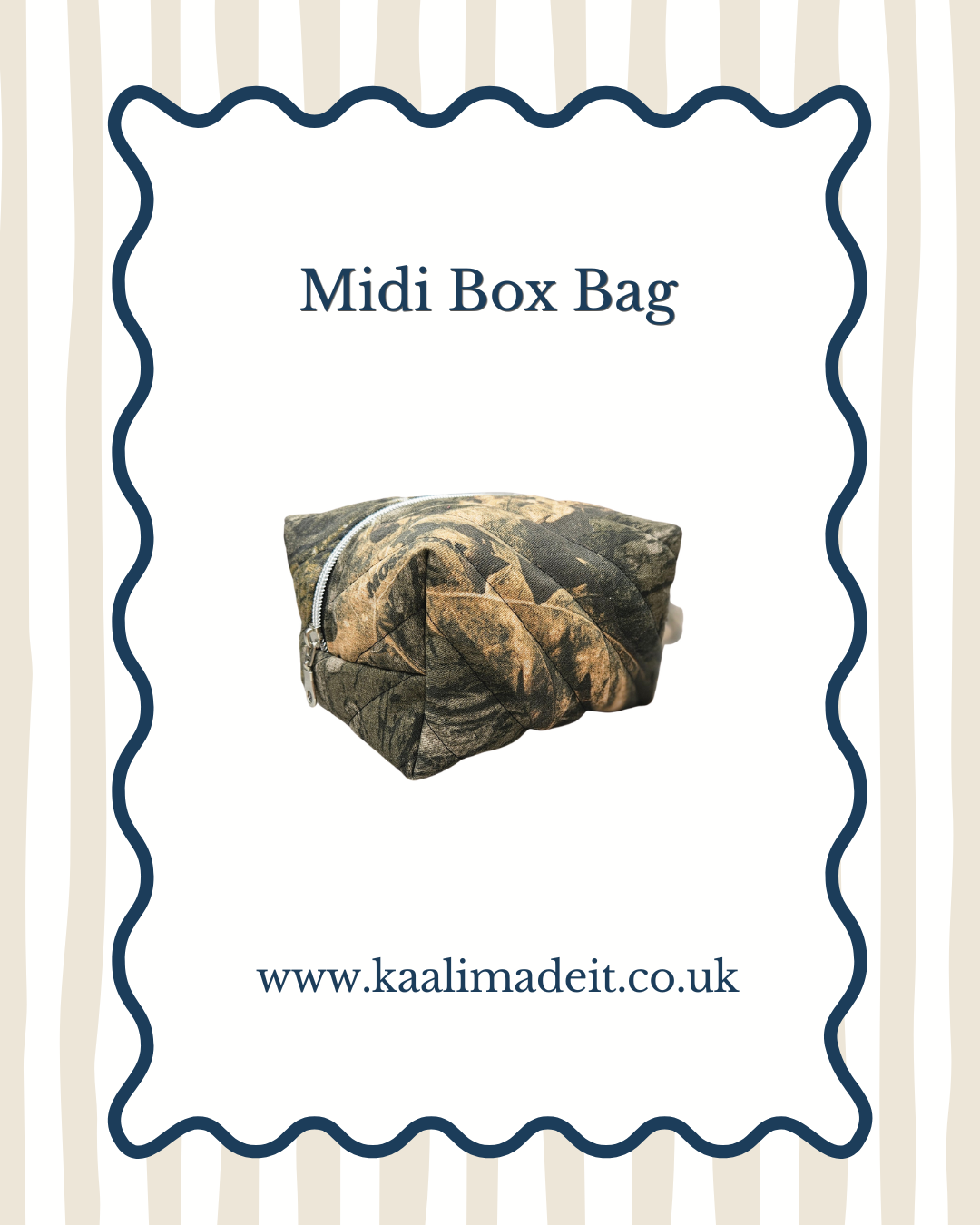 A quilted midi box bag with a woodland camouflage pattern, presented on a white card with a blue scalloped border. The text 'Midi Box Bag' is printed above the bag, and the website 'www.