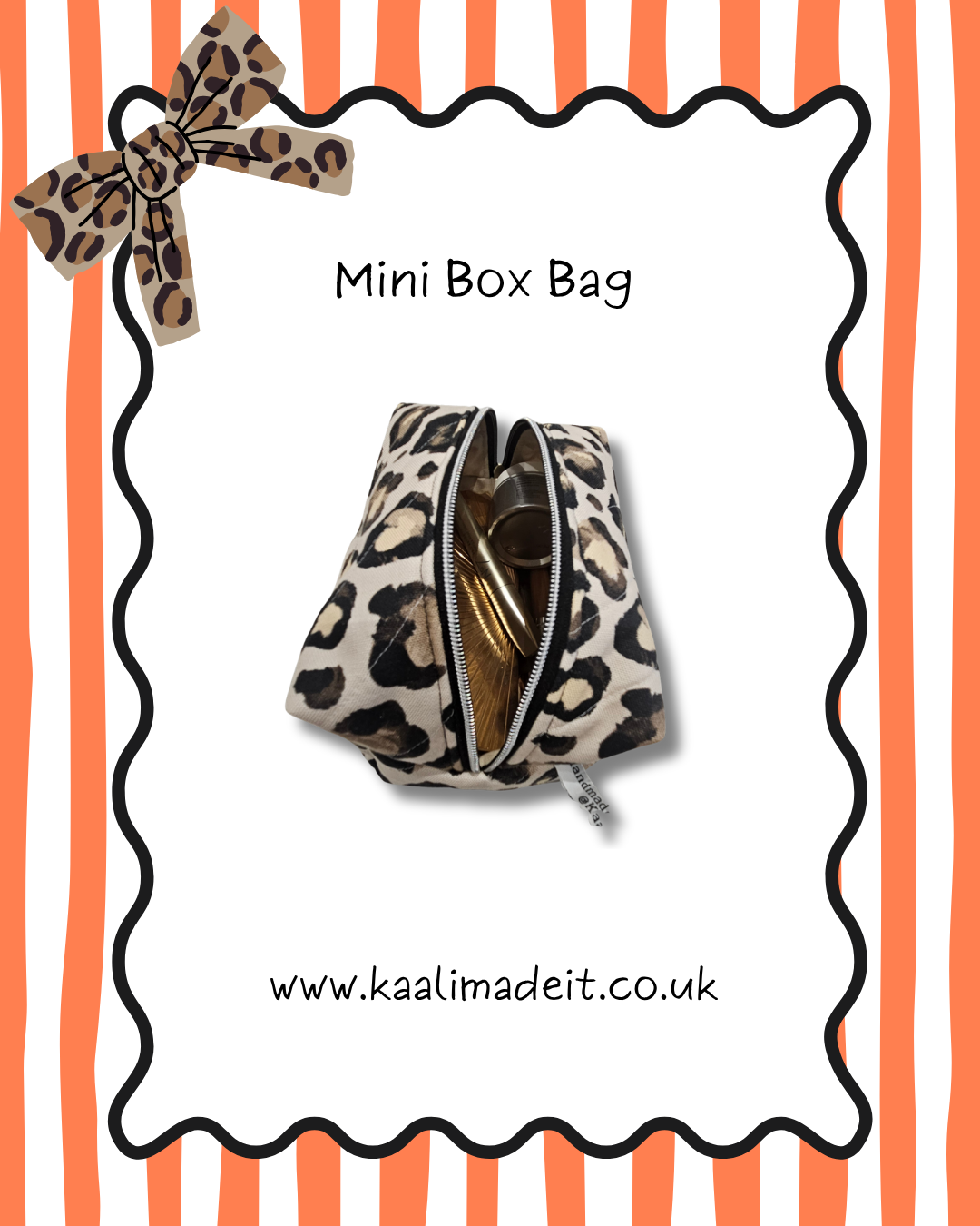 Small leopard print wash bag with zipper open to show gold tone make up and cosmetics on orange stripe background by Kaali made it 