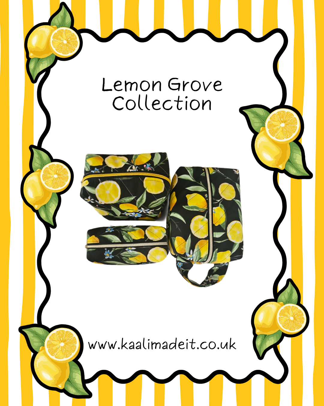 A promotional graphic for the 'Lemon Grove Collection' featuring three fabric pouches with a black background and a yellow lemon and green leaf pattern, framed by illustrated lemons on a yellow and white striped background