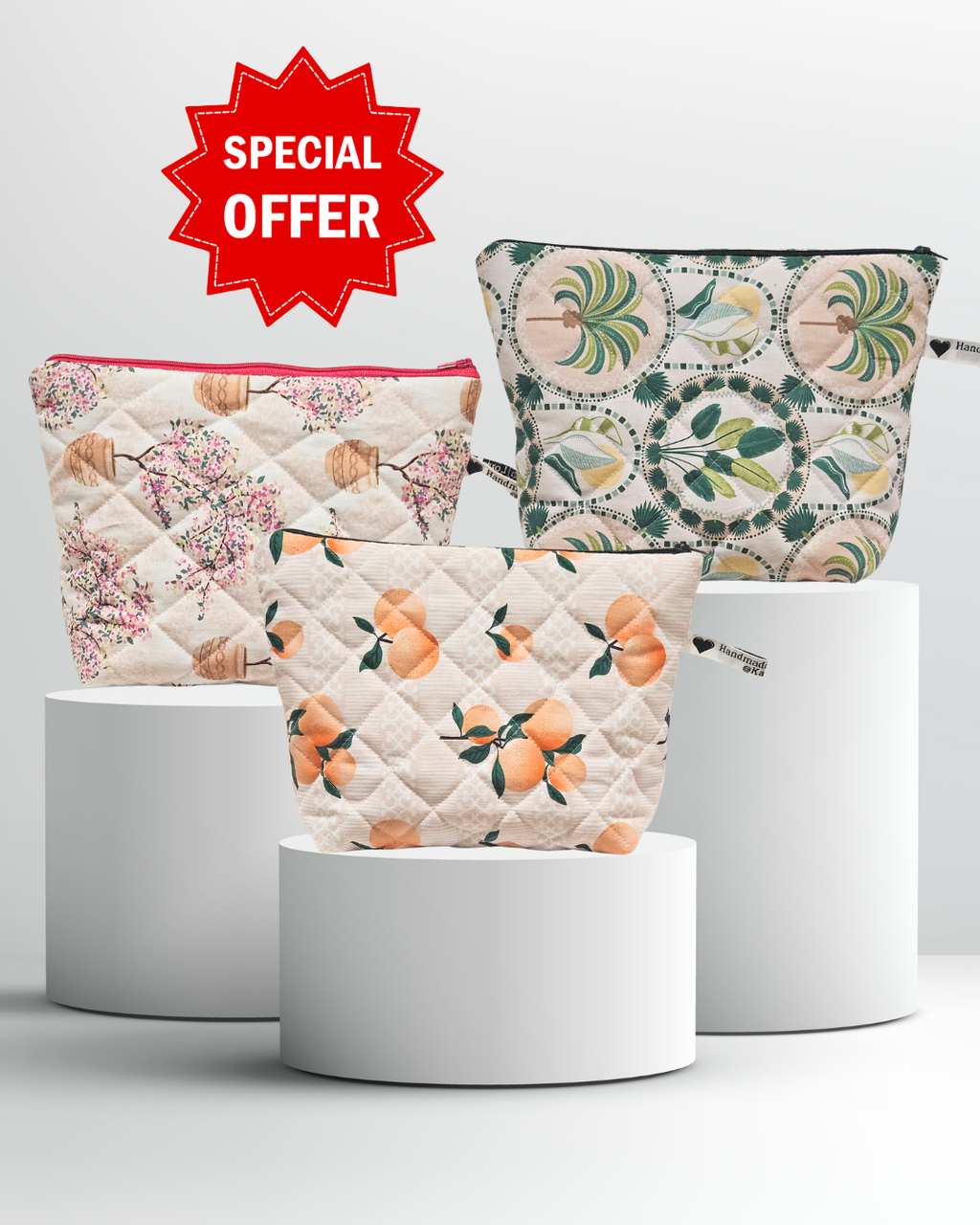 Three floral-patterned bags on white stands with a 'Special Offer' label.