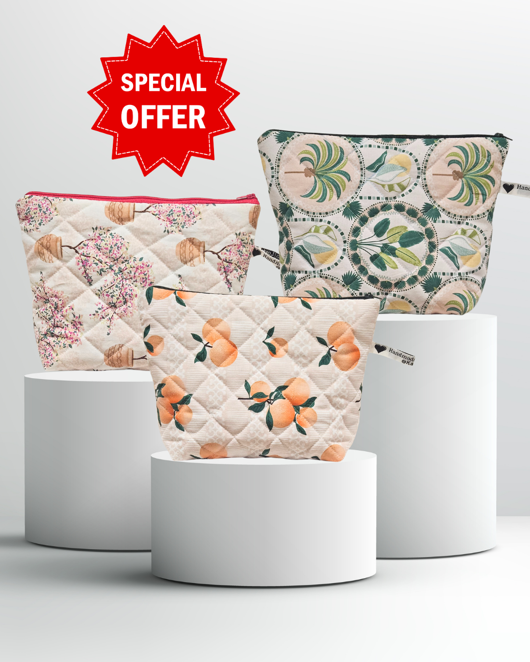 Three floral-patterned bags on white stands with a 'Special Offer' label.