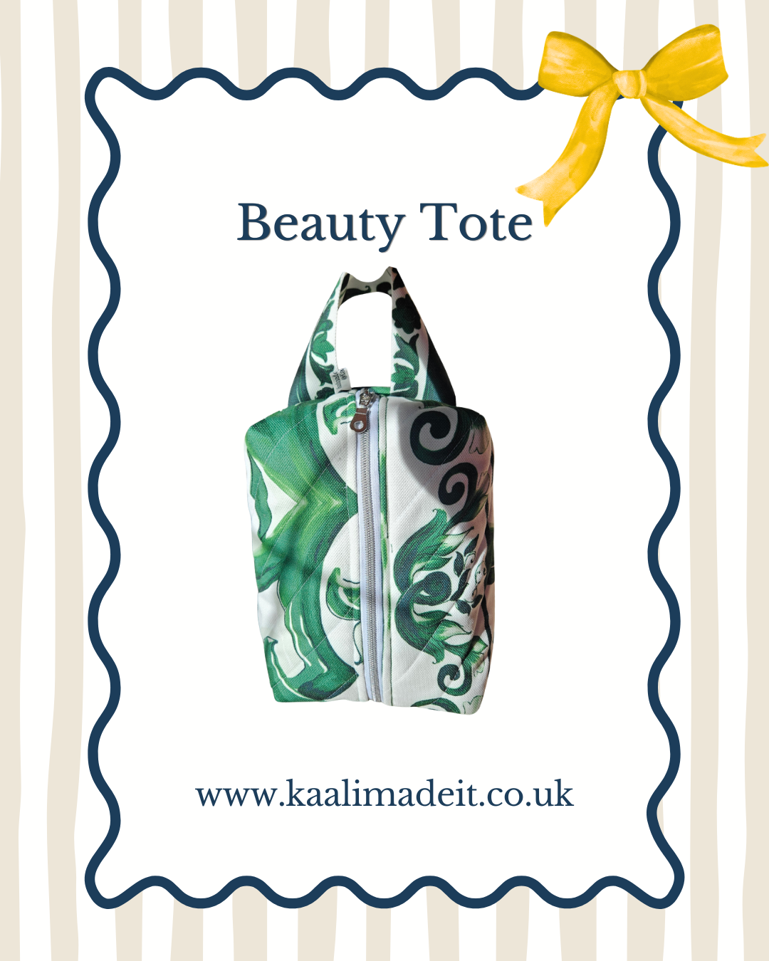 A fabric beauty tote bag with a green and black ornate scroll pattern on a white background, featuring a zipper closure and top handles. The bag is centered inside a decorative white card with a blue wavy border, a yellow bow in the top right, and the text 'Beauty Tote' and 'www.