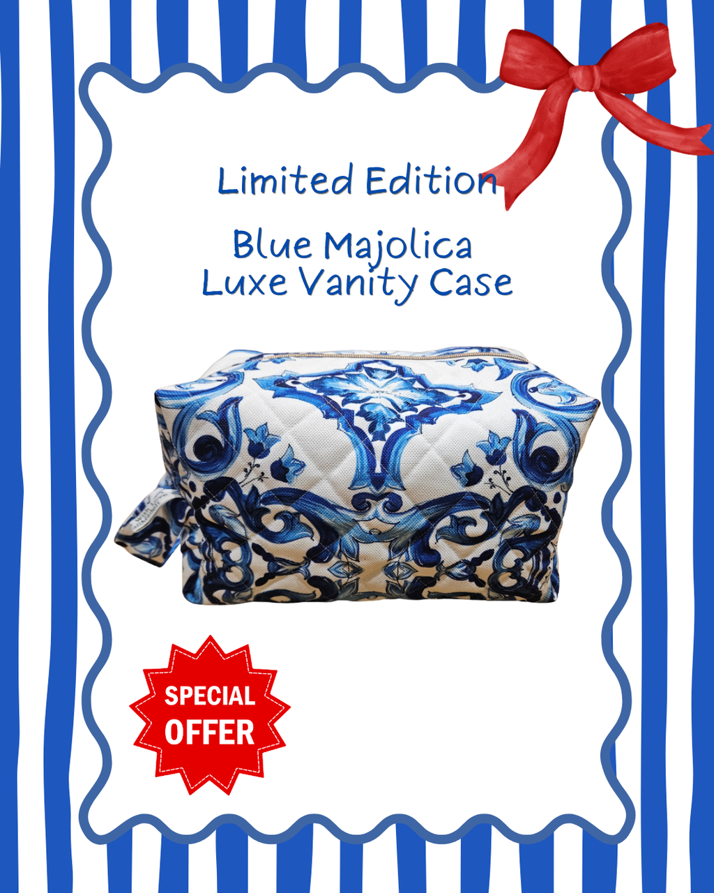 Blue Majolica Luxe Vanity Case with decorative elements on a striped background