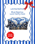 Blue Majolica Luxe Vanity Case with decorative elements on a striped background