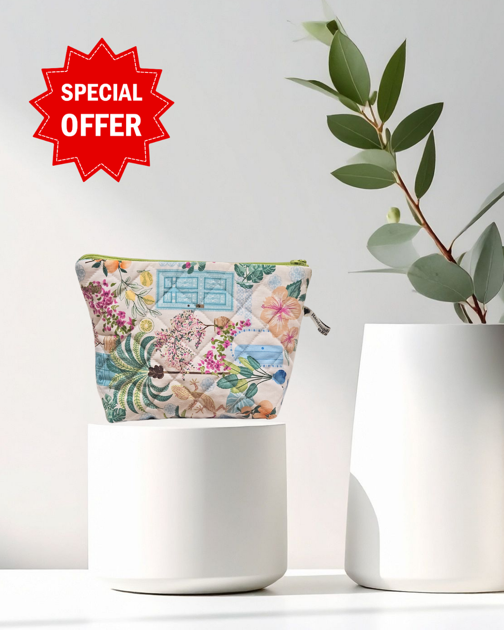 Floral pouch on a white surface with a 'Special Offer' label