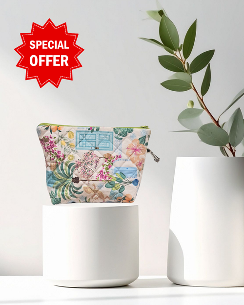 Floral pouch on a white surface with a 'Special Offer' label