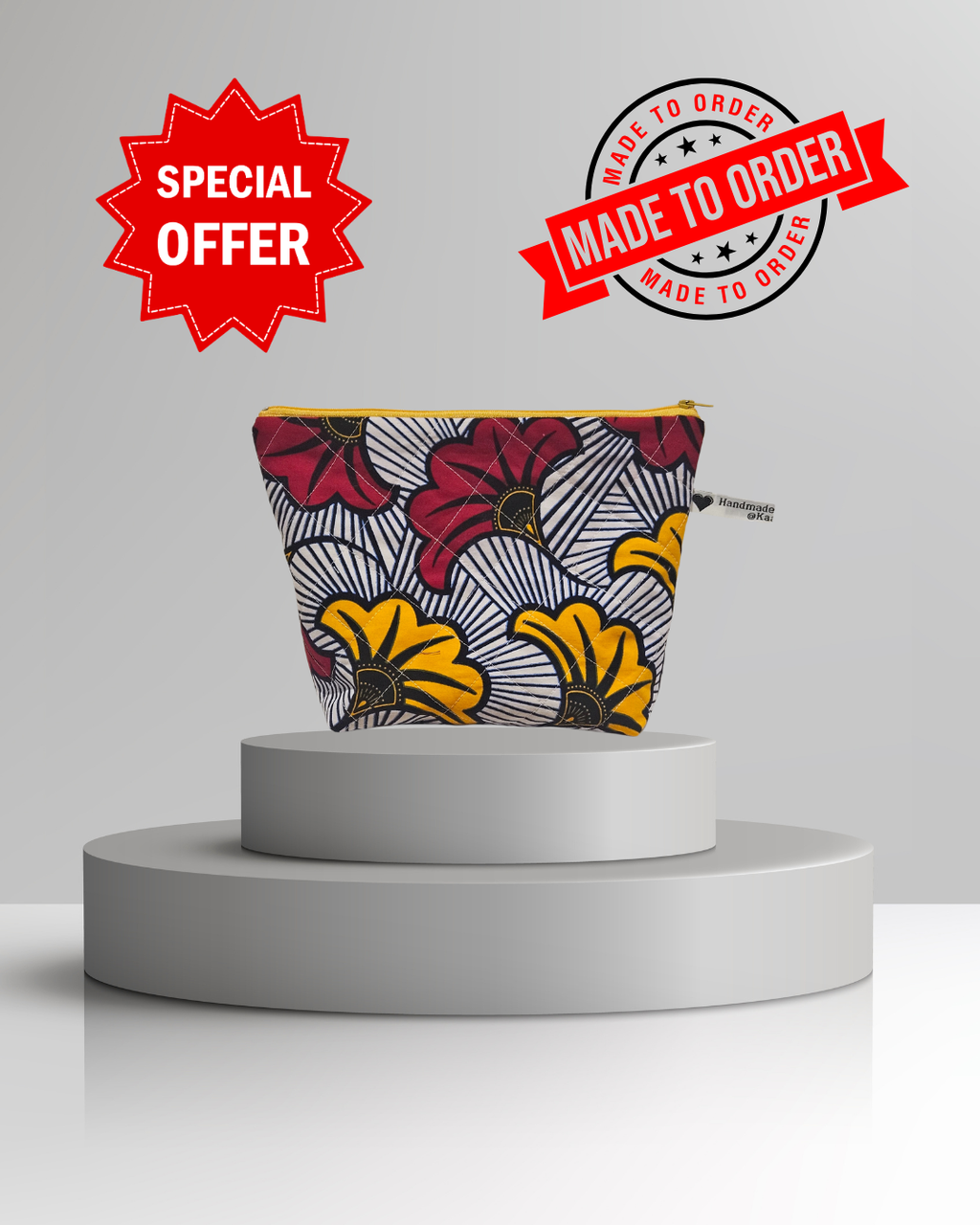 Red & Yellow Ankara African Wax Print Quilted Makeup Pouch Bag