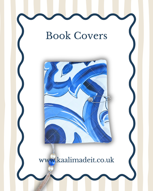 A book cover featuring a blue and white abstract pattern, presented on a white card with a navy wavy border and the text 'Book Covers' and 'www.kaalimadeit.