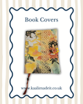 A book cover featuring a floral and botanical pattern with a vertical decorative gold lace-like band and a brown ribbon bookmark, centered on a white background with a blue scalloped border and the text 'Book Covers' and 'www.kaalimadeit.