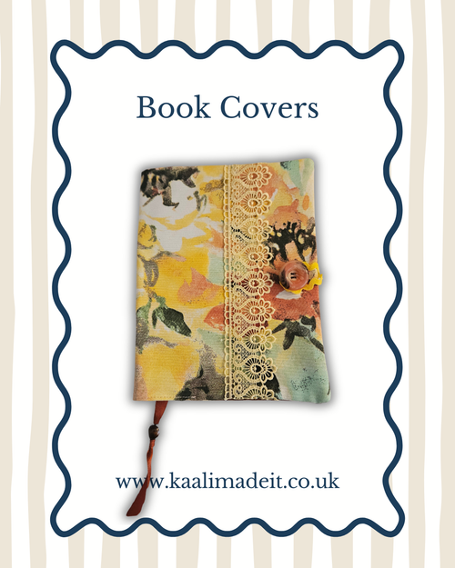 A book cover featuring a floral and botanical pattern with a vertical decorative gold lace-like band and a brown ribbon bookmark, centered on a white background with a blue scalloped border and the text 'Book Covers' and 'www.kaalimadeit.