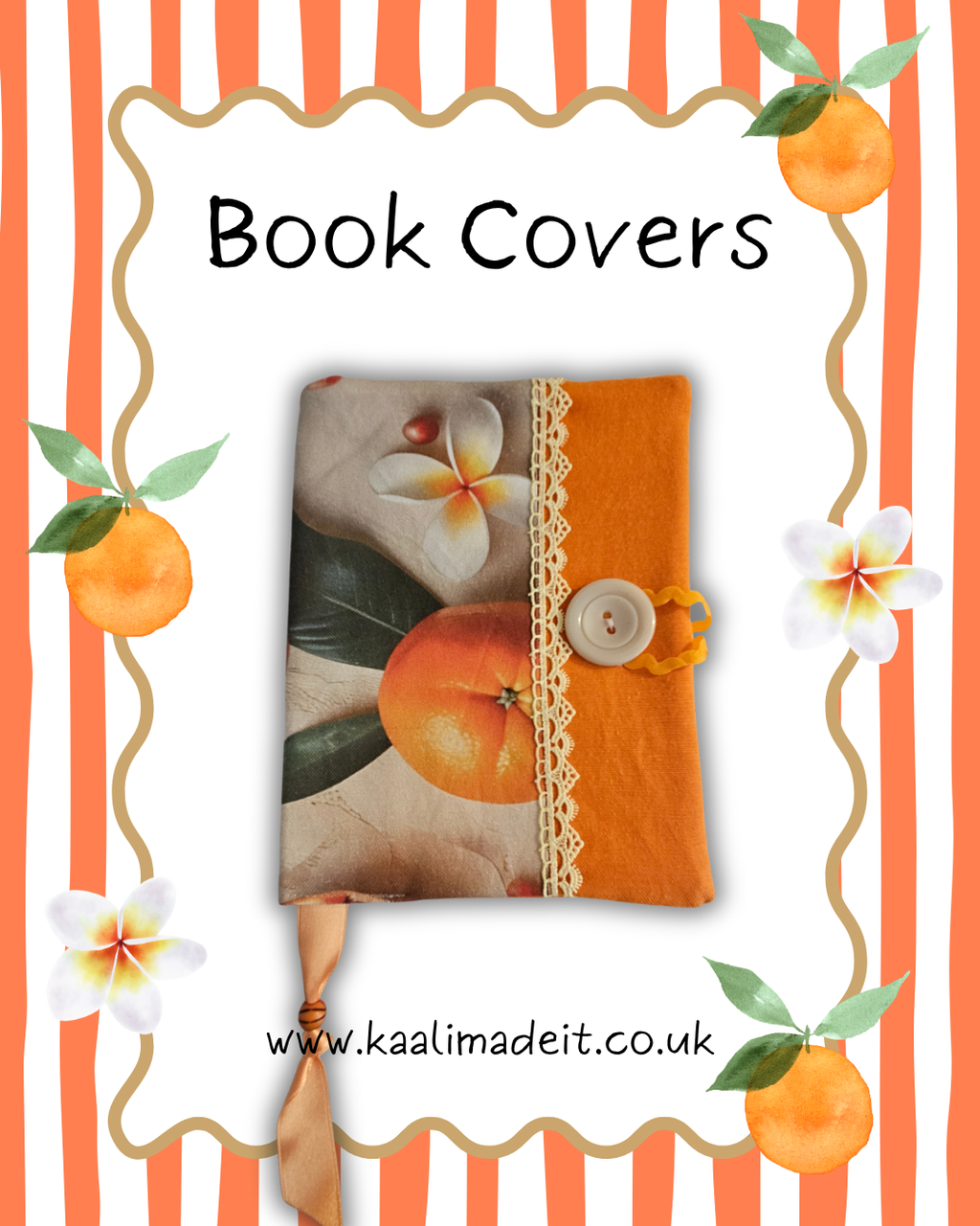 Decorative book sleeve with floral and fruit design on a white background