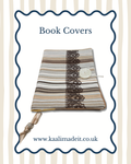 A fabric book cover with horizontal stripes in beige, brown, and white, featuring a vertical dark brown lace panel and a white button closure. The image is presented on a white background with a navy blue wavy border, the text 'Book Covers' at the top, and the website 'www.