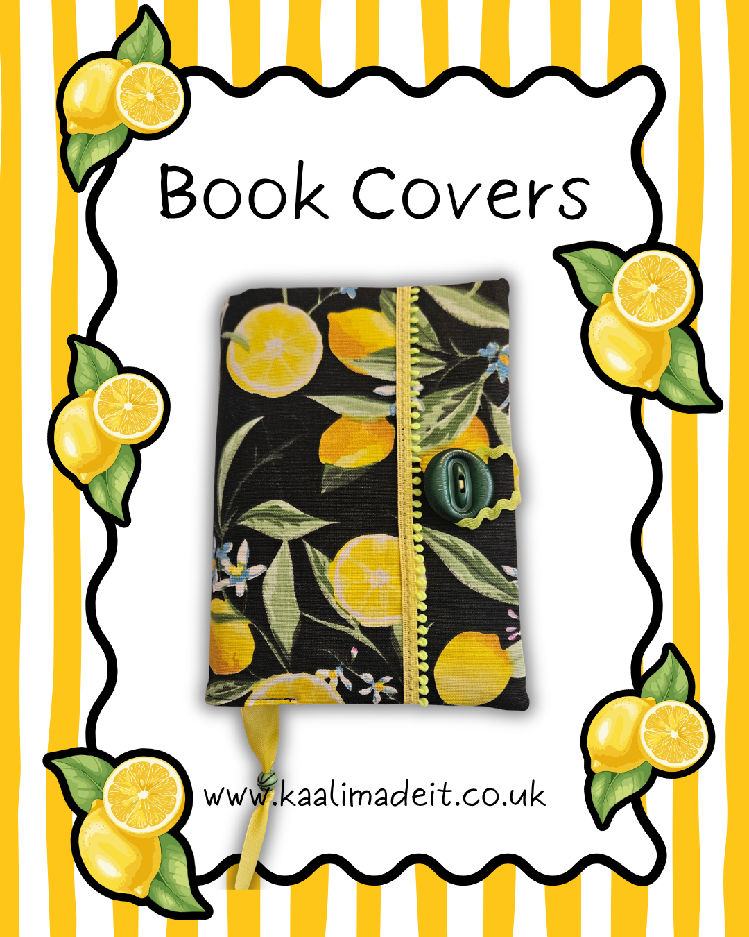 lemon on black background handmade book cover sleeve