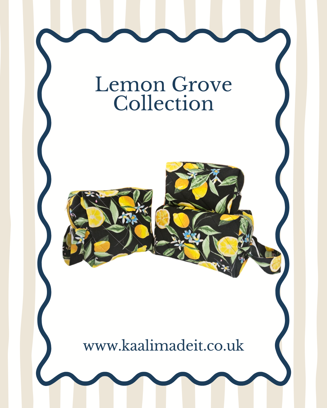 A promotional graphic for the 'Lemon Grove Collection' featuring three fabric accessories with a black background and a yellow lemon and green leaf pattern, along with blue flowers. The graphic includes the text 'Lemon Grove Collection' and the website 'www.