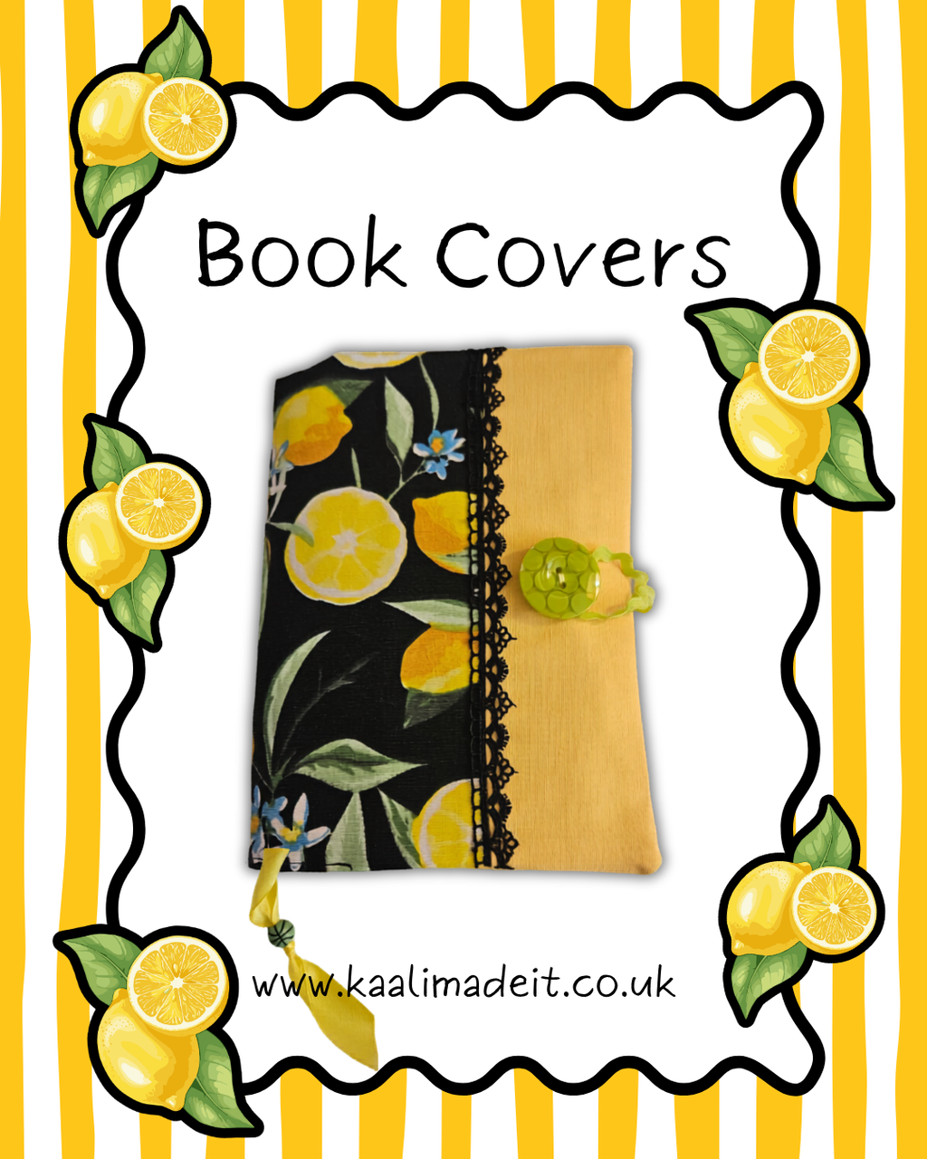 lemon on black background handmade book cover sleeve