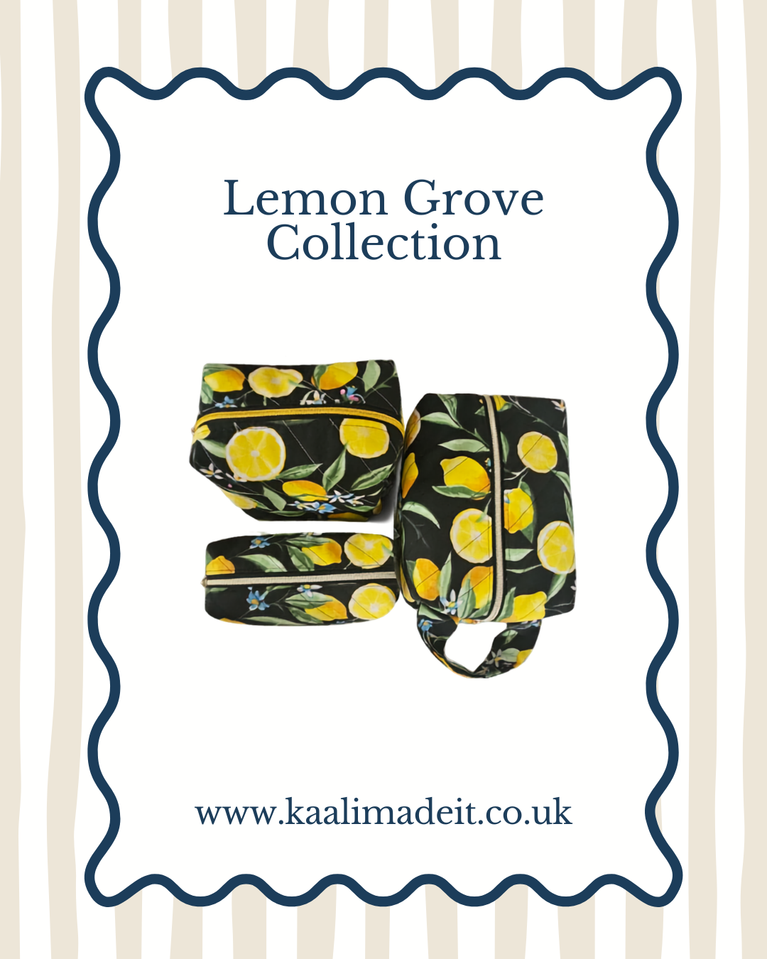 A product display card for the 'Lemon Grove Collection' featuring three small zippered pouches with a black background and a yellow lemon print. The card has a wavy navy blue border, the text 'Lemon Grove Collection' at the top, and the website 'www.