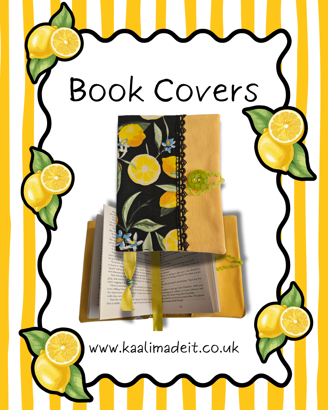 lemon on black background handmade book cover sleeve