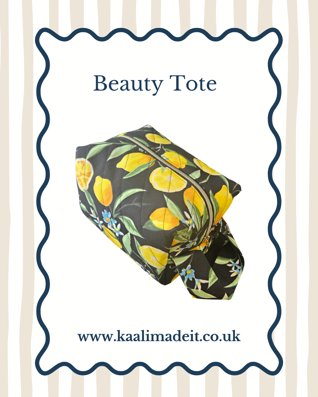A beauty tote bag with a black background and a yellow lemon and green leaf pattern, shown inside a decorative white frame with the text 'Beauty Tote' and the website 'www.kaalimadeit.