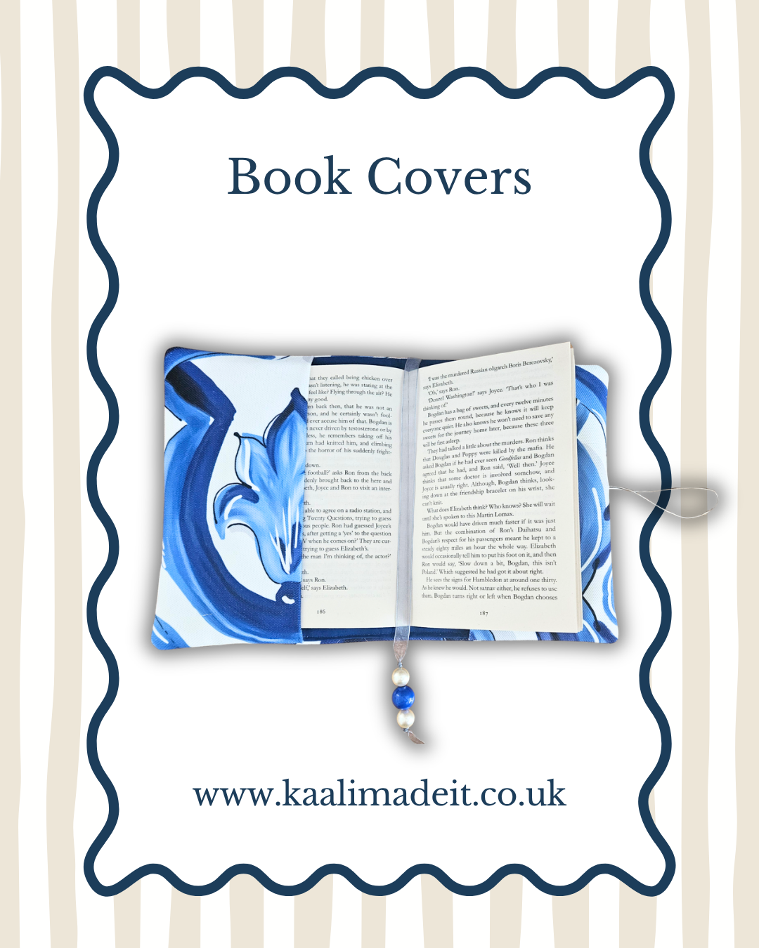 A book cover featuring an open book with blue and white abstract artwork on the left page and printed text on the right page, centered inside a decorative navy border with the title 'Book Covers' at the top and the website 'www.kaalimadeit.