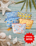 Set of colorful pouches on a beach-themed background with shells and starfish.