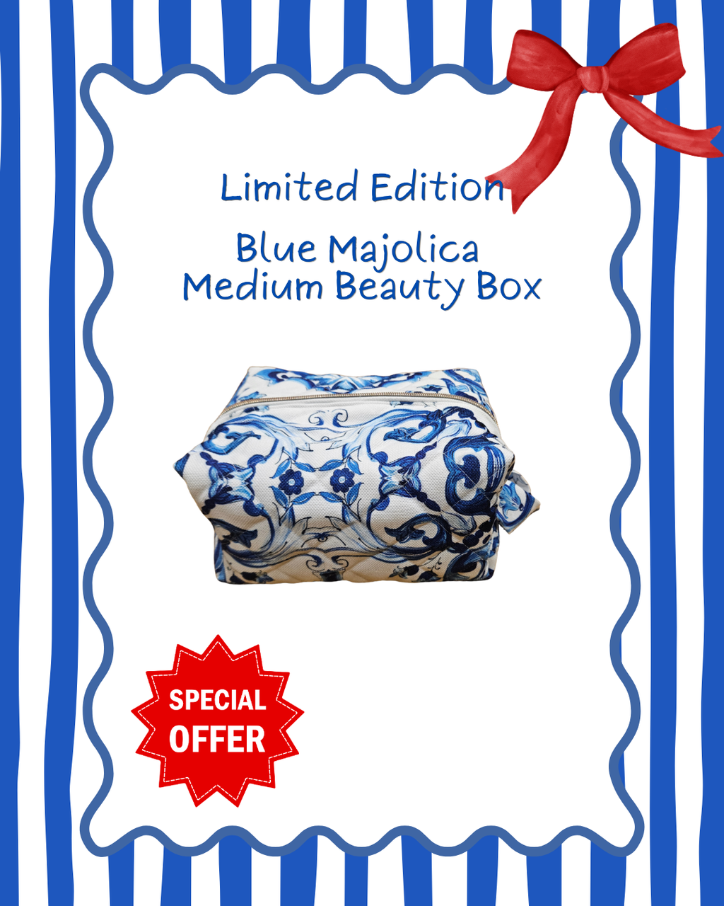 Blue Majolica medium beauty box with decorative elements on a blue and white striped background