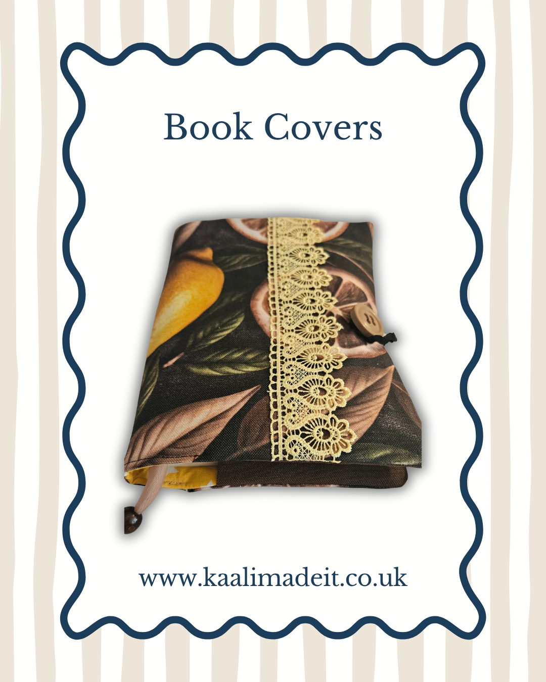 A book cover featuring a botanical print with green leaves, brown petals, and a yellow fruit, accented by a vertical gold lace trim. The cover is displayed on a white background with a blue scalloped border, with the text 'Book Covers' at the top and 'www.