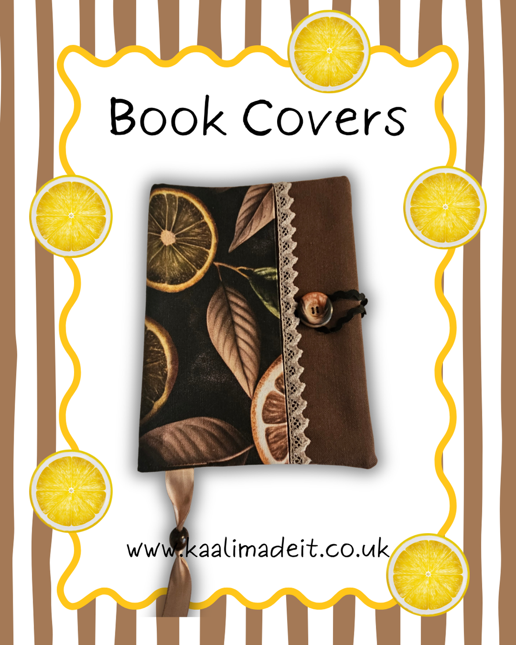 brown lemon print book cover on white and stripe background 