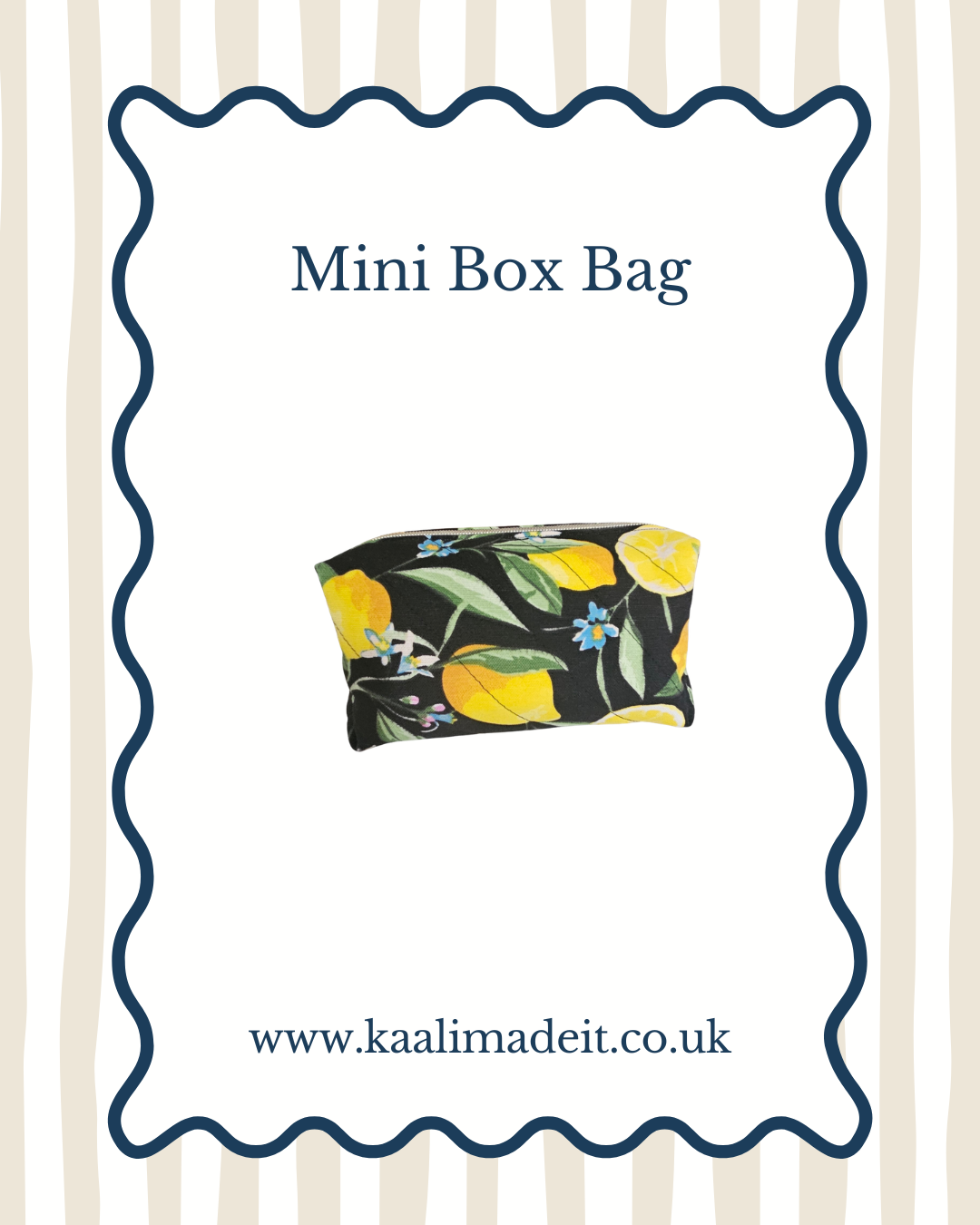 A mini box bag with a black background and a yellow lemon and green leaf floral pattern, shown on a white card with a blue scalloped border and the text 'Mini Box Bag' and 'www.kaalimadeit.