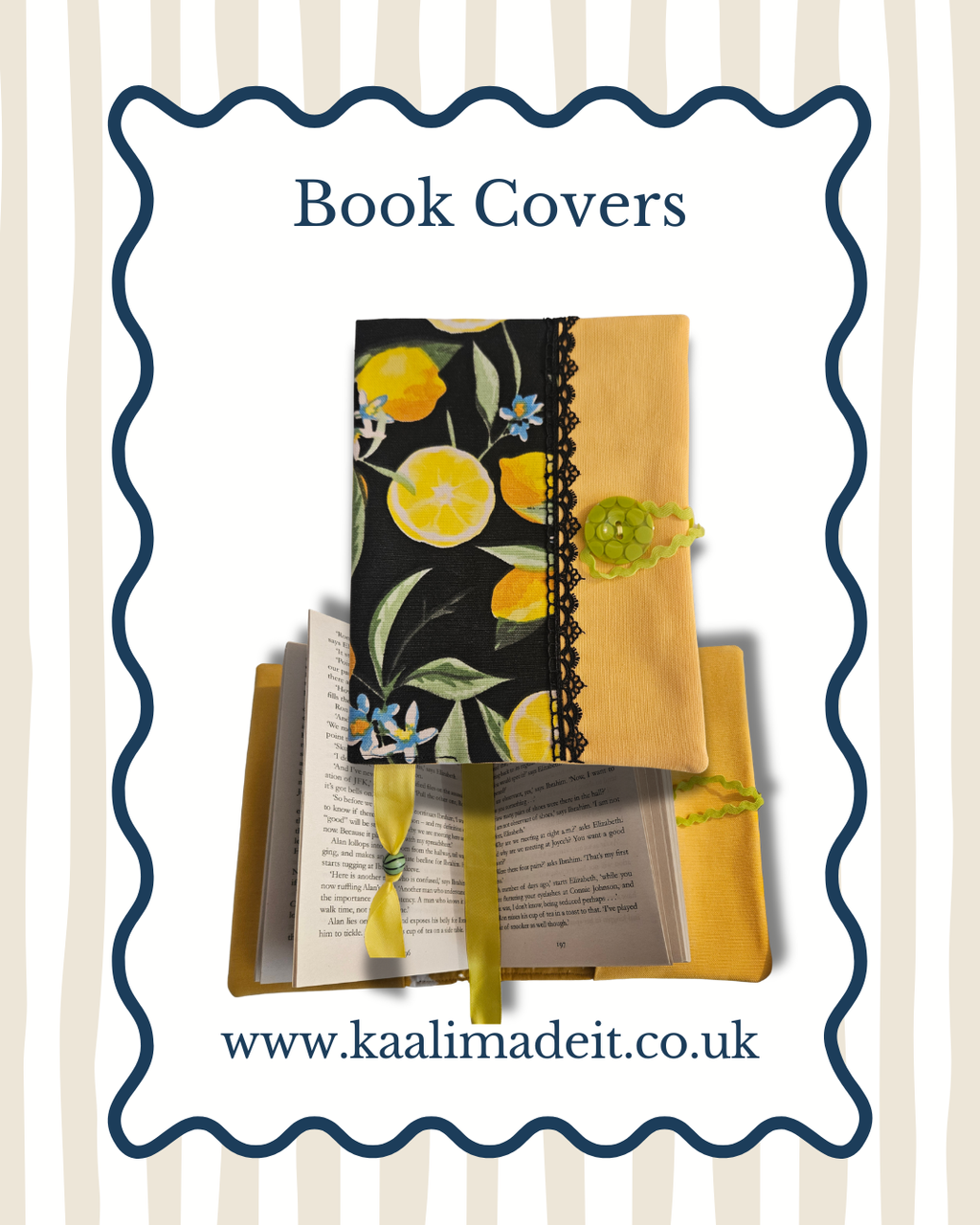 A book cover featuring a lemon and blue flower pattern on black, layered over a mustard yellow fabric cover with a green button and ribbon bookmark. The image is framed by a wavy blue border with the text 'Book Covers' at the top and 'www.