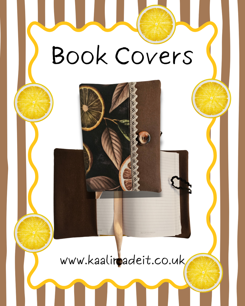 brown lemon print book cover on white and stripe background 