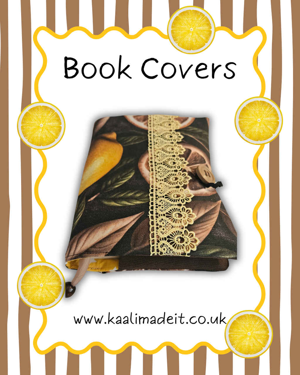 brown lemon print book cover on white and stripe background 