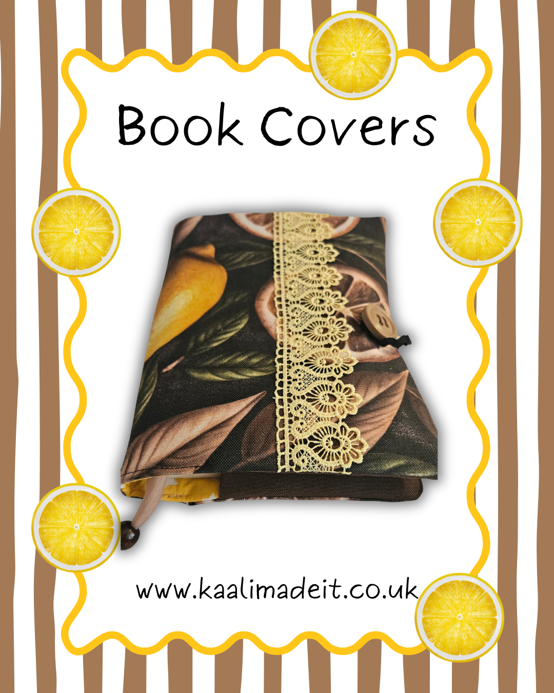 brown lemon print book cover on white and stripe background 