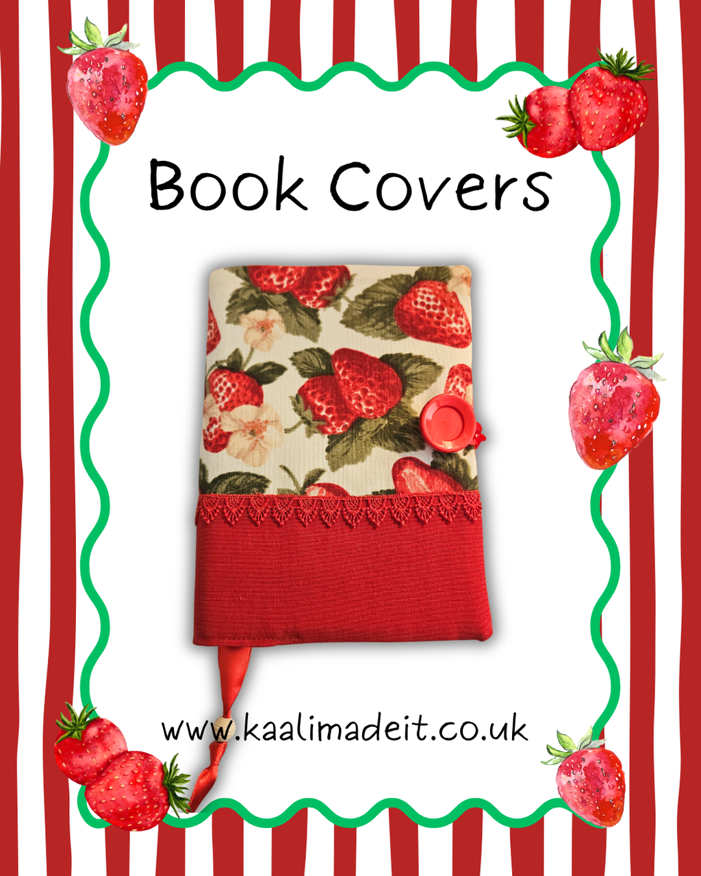 strawberry print fabric book cover on a red stripe background