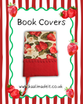 strawberry print fabric book cover on a red stripe background