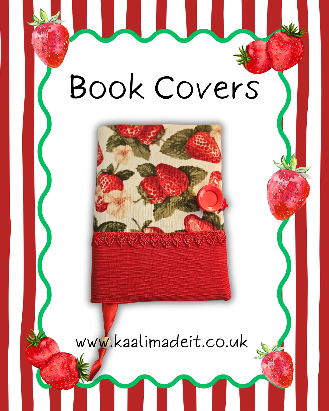 strawberry print fabric book cover on a red stripe background