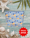Fabric pouch with beach pattern on a wooden surface with shells and starfish, featuring a 'Special Offer' label.
