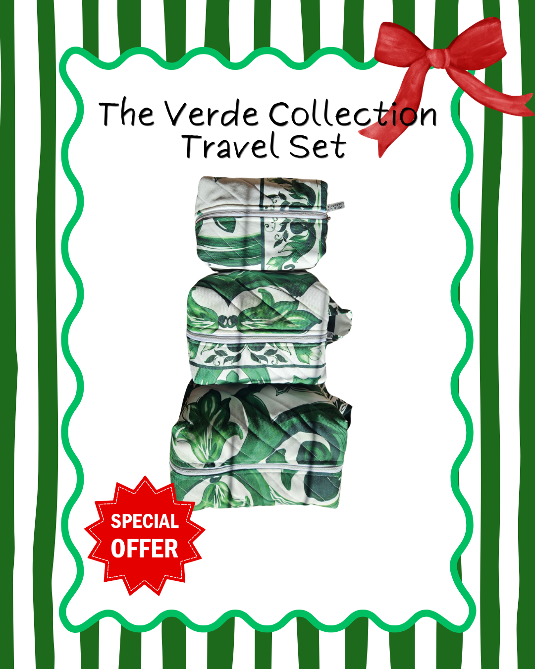 Travel set with green and white pattern on a white background with green stripes and a red bow.