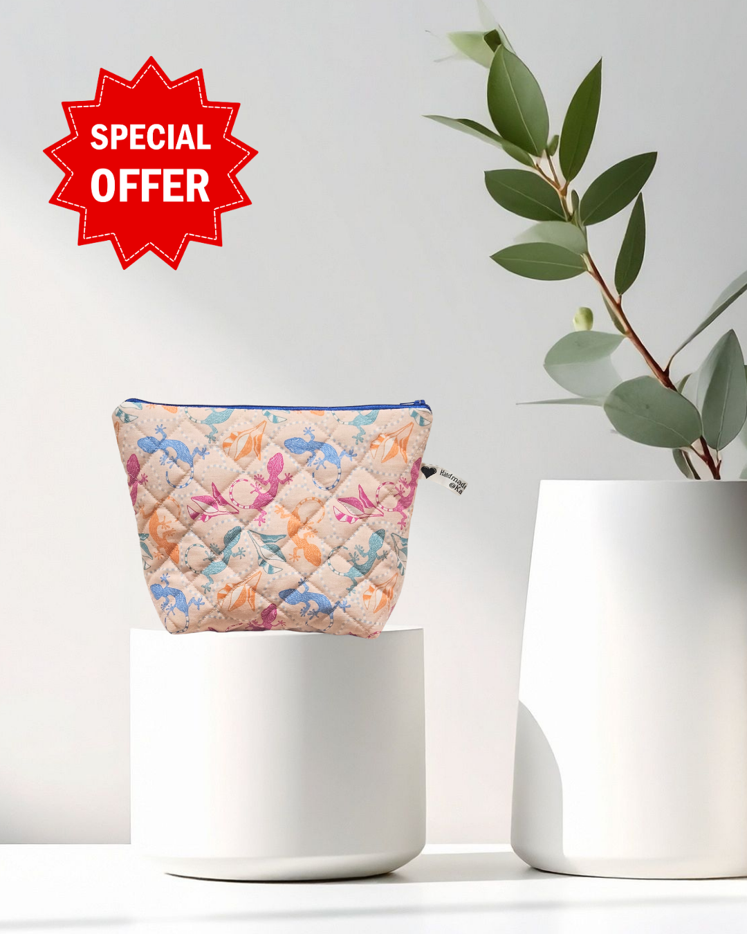 Quilted pouch with colorful dragonfly pattern in a white pot, with a 'Special Offer' label.