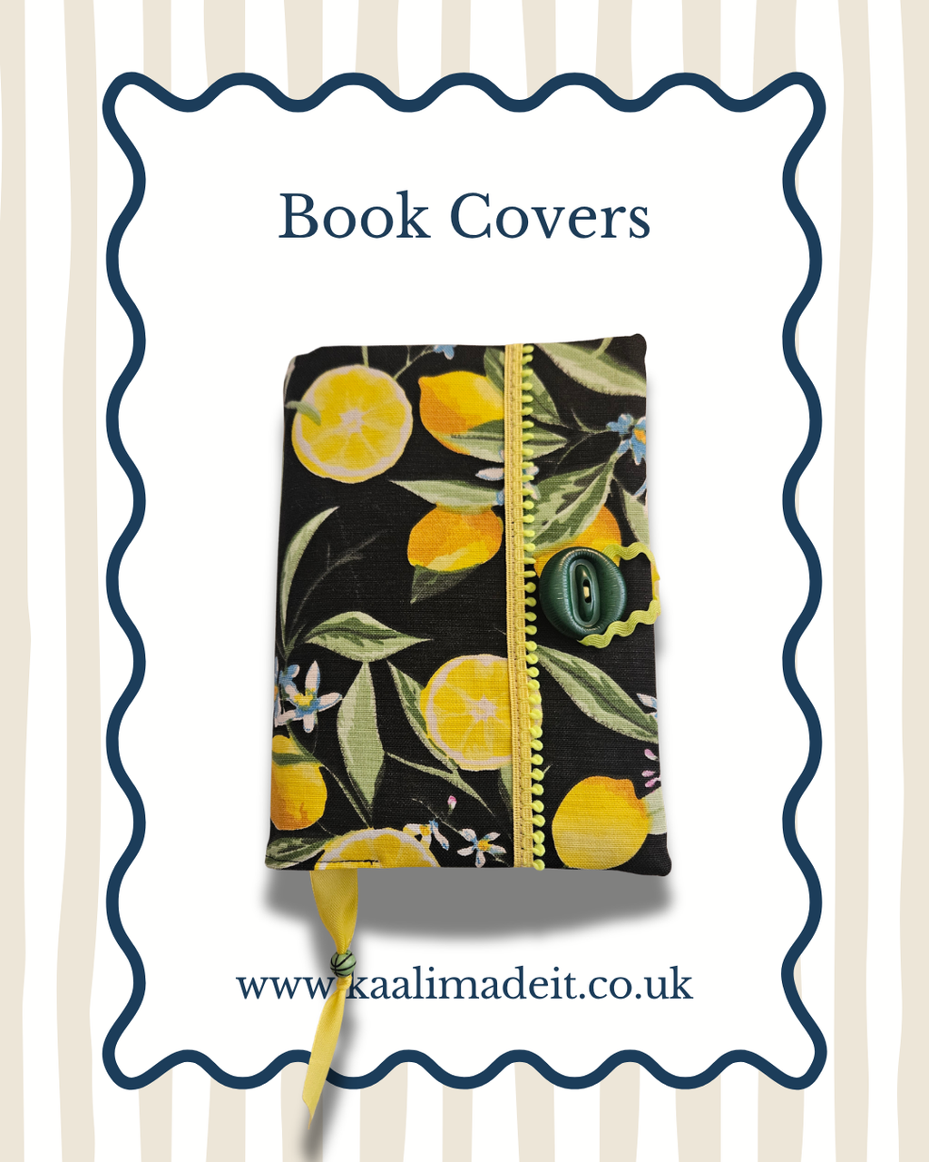 A book cover featuring a black background with a lemon and leaf floral print, secured with a yellow zipper and green button, shown on a white background with decorative blue border and text reading 'Book Covers' and 'www.kaalimadeit.