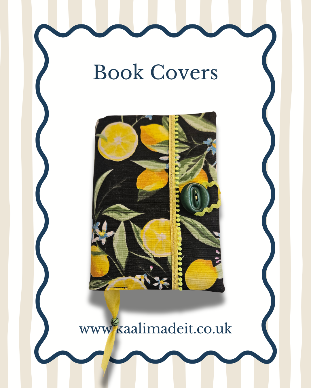 A book cover featuring a black background with a lemon and leaf floral print, secured with a yellow zipper and green button, shown on a white background with decorative blue border and text reading 'Book Covers' and 'www.kaalimadeit.