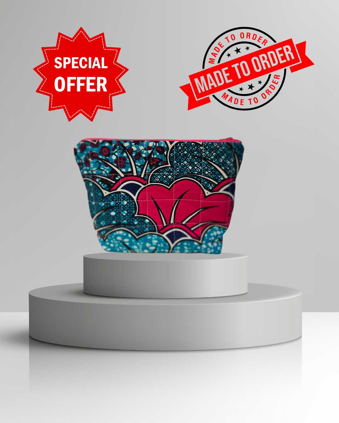 African Print fabric Colorful pouch on a white pedestal with 'Special Offer' and 'Made to Order' text above.