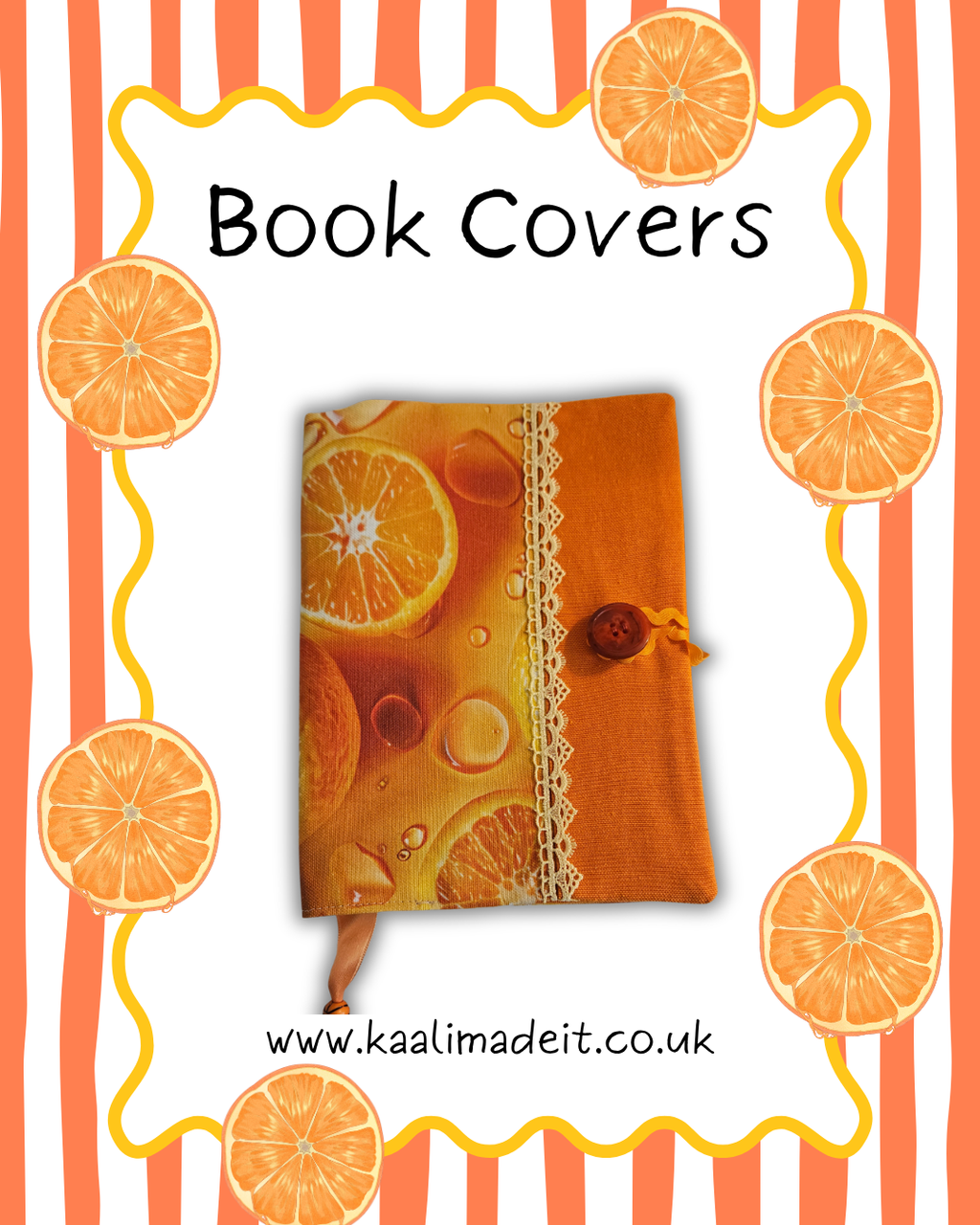 citrus print book cover on a orange stripe background 