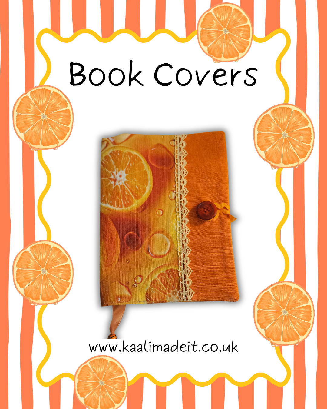citrus print book cover on a orange stripe background 