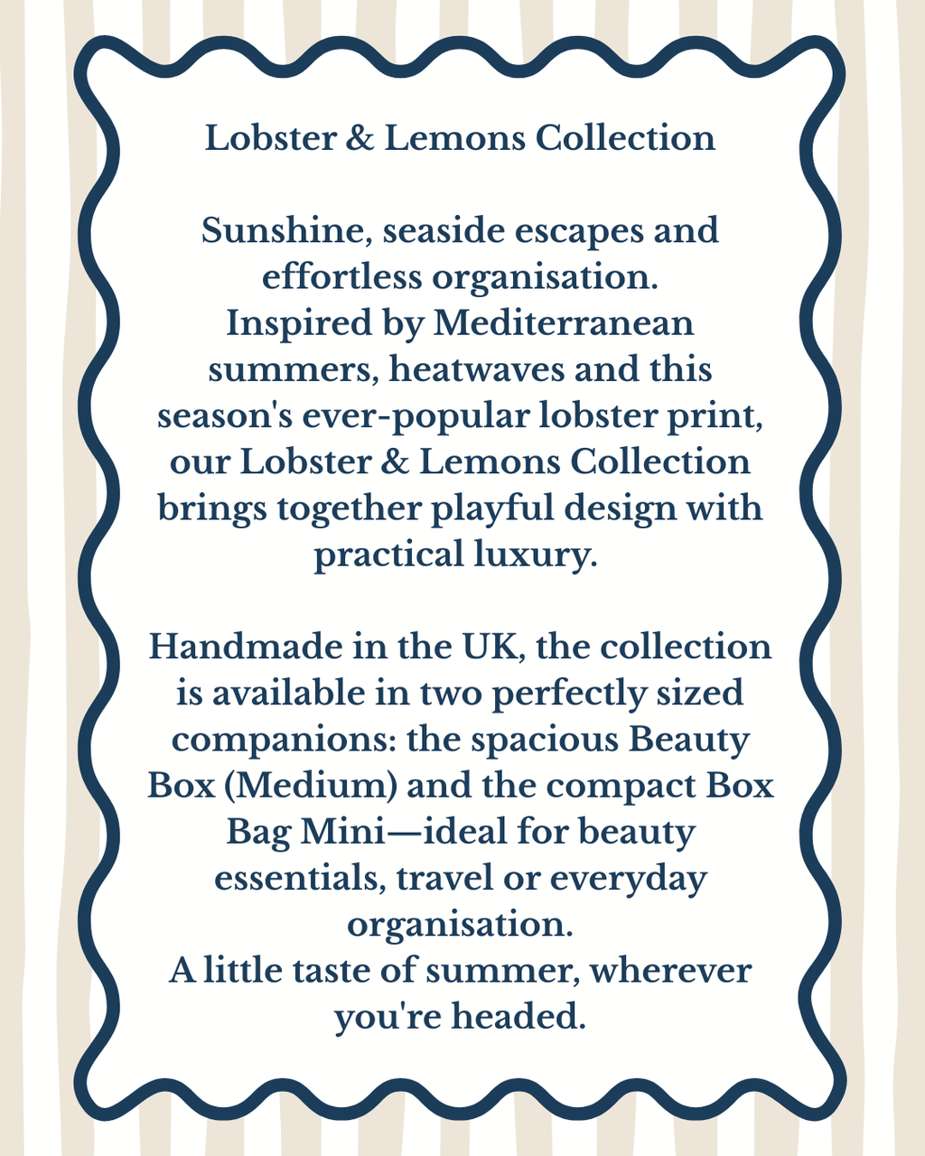 A text-based promotional graphic for the 'Lobster & Lemons Collection' with navy blue text inside a decorative wavy border on a cream and pale pink striped background.