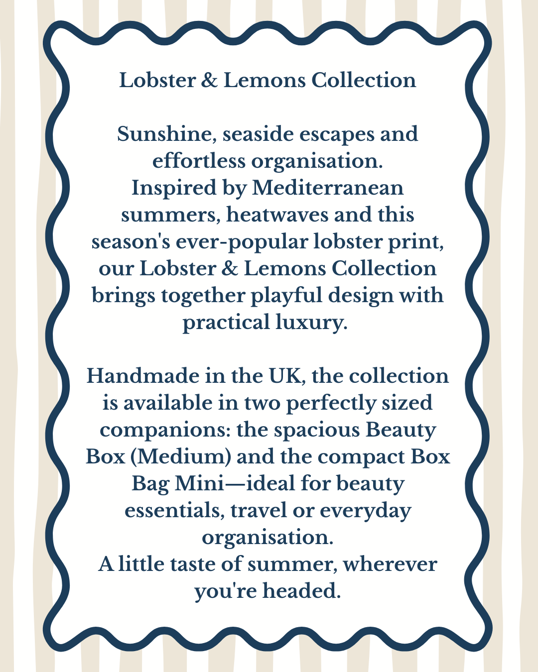 A text-based promotional graphic for the 'Lobster & Lemons Collection' with navy blue text inside a decorative wavy border on a cream and pale pink striped background.