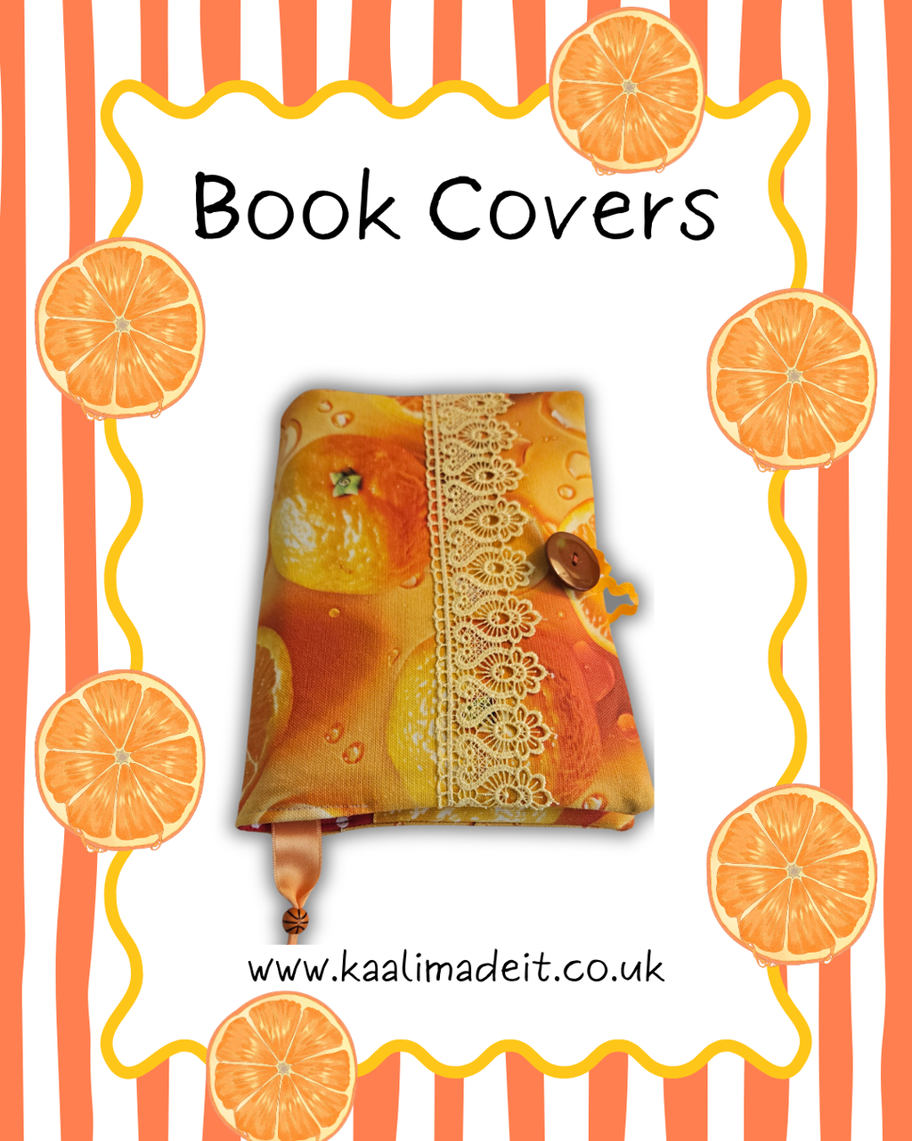 citrus print book cover on a orange stripe background 